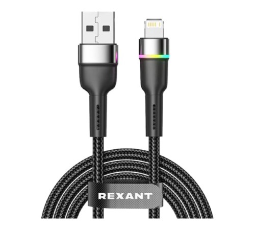 Rexant (18-7059) Кабель USB-A – Lightning для Apple, 2,4А, 1м, в черной нейлоновой оплетке, с LED подсветкой Rexant (18-7059) Кабель USB-A – Lightning для Apple, 2,4А, 1м, в черной нейлоновой оплетке, с LED подсветкой