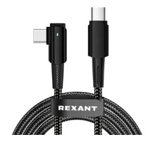 Rexant (18-7070) Кабель Type-C – Type-C, 5А, 100Вт, 1м, в черной нейлоновой оплетке, с угловым штекером и световой индикацией
