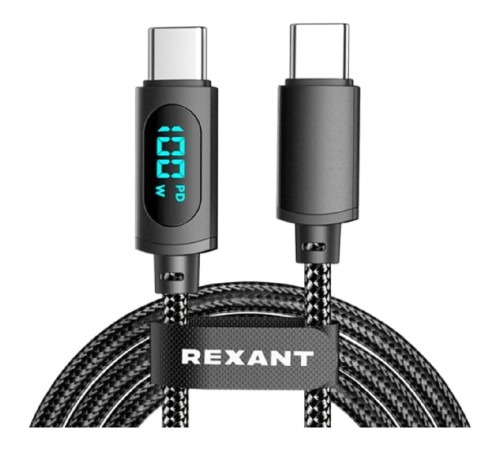 Rexant (18-7074) Кабель Type-C – Type-С, 5A, 100Вт, 1м, в черной нейлоновой оплетке, с LED дисплеем Rexant (18-7074) Кабель Type-C – Type-С, 5A, 100Вт, 1м, в черной нейлоновой оплетке, с LED дисплеем