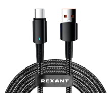 Rexant (18-7064) Кабель USB-A – Type-C, 6А, 66Вт, 1м, в черной нейлоновой оплетке, со световой индикацией