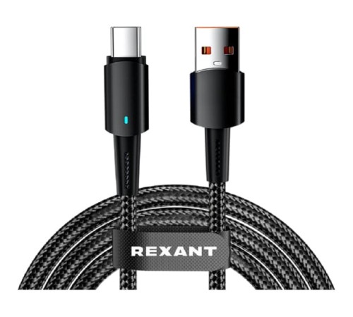 Rexant (18-7064) Кабель USB-A – Type-C, 6А, 66Вт, 1м, в черной нейлоновой оплетке, со световой индикацией Rexant (18-7064) Кабель USB-A – Type-C, 6А, 66Вт, 1м, в черной нейлоновой оплетке, со световой индикацией