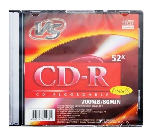 Диск CD-R VS 700 Mb, 52x, Slim Case (5), Ink Printable (5/200)