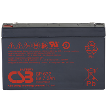 Батарея CSB серия GP, GP672, напряжение 6В, емкость 7.2Ач (разряд 20 часов), макс. ток разряда (5 сек.) 100/130А, ток короткого замыкания 259А, макс. ток заряда 2.16A, свинцово-кислотная типа AGM, клеммы F1/F2, ДxШxВ 151x34x100.7мм., вес 1.22кг., срок слу