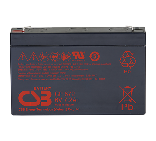Батарея CSB серия GP, GP672, напряжение 6В, емкость 7.2Ач (разряд 20 часов), макс. ток разряда (5 сек.) 100/130А, ток короткого замыкания 259А, макс. ток заряда 2.16A, свинцово-кислотная типа AGM, клеммы F1/F2, ДxШxВ 151x34x100.7мм., вес 1.22кг., срок слу