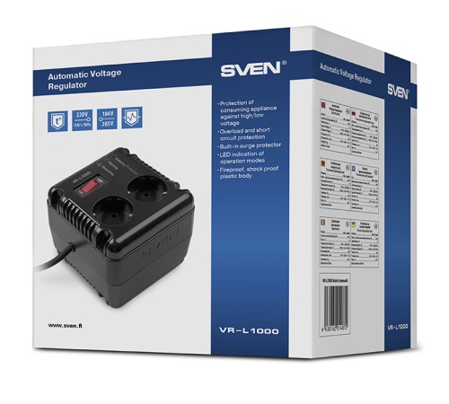 Стабилизатор SVEN VR-L1000, релейный, 320вт, 184-285в, 2 евророзетки, черный, габариты 118 ? 106? 112мм, 1.61кг. SVEN VR-L1000 (SV-014872) Стабилизатор SVEN VR-L1000, релейный, 320вт, 184-285в, 2 евророзетки, черный, габариты 118 ? 106? 112мм, 1.61кг. SVEN VR-L1000 (SV-014872)