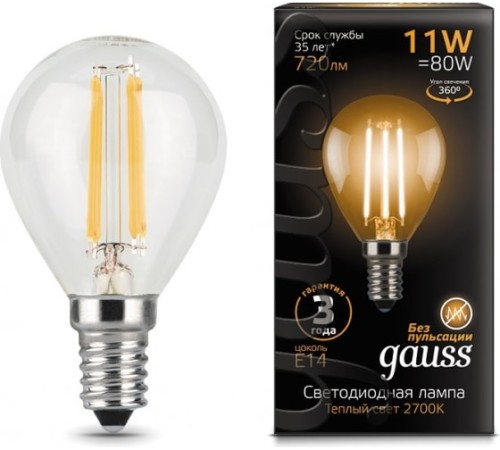 Лампа светодиодная Gauss Filament 11Вт цок.:E14 шар 220B 2700K св.свеч.бел.теп. (упак.:10шт) (105801111)