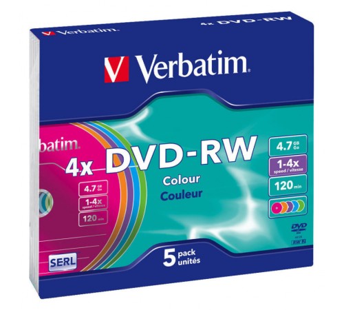 Диск DVD-RW Verbatim 4.7Gb 4x Slim case (5шт) Color (43563) Диск DVD-RW Verbatim 4.7Gb 4x Slim case (5шт) Color (43563)