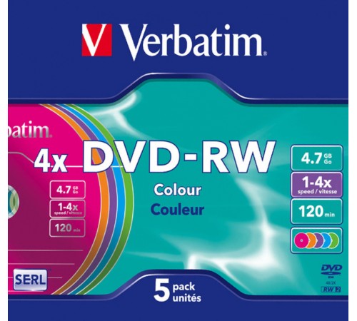 Диск DVD-RW Verbatim 4.7Gb 4x Slim case (5шт) Color (43563) Диск DVD-RW Verbatim 4.7Gb 4x Slim case (5шт) Color (43563)