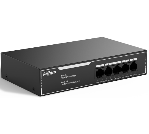 DAHUA DH-SG1005LP 5-портовый гигабитный неуправляемый коммутатор c PoE, 5xRJ45 1Gb, суммарно до 36Вт, коммутационная ёмкость 10 Гбит/с, передача пакетов 7.44 Мпак/с, таблица МАС-адресов 2K, металл