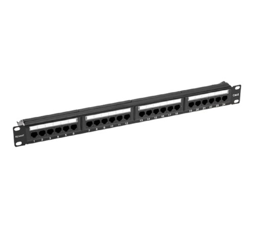 Rexant (02-0231) Патч-панель 19", 1U, 24 порта, RJ45, CAT 6, UTP, с органайзером, черная PRO