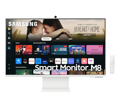 Монитор Samsung 32" Smart monitor M8 S32DM801UI VA 16:9 3840x2160x60Hz 4ms 400cd 3000:1 178/178 1млрд HDMI USB-C(65W) 2*USB 2.0 Spk10W Tizen HDR10+ sRGB 99% Tilt HAS Pivot Cam WiFi5 BT5.2 VESA White ПультДУ (LS32DM801UIXCI)