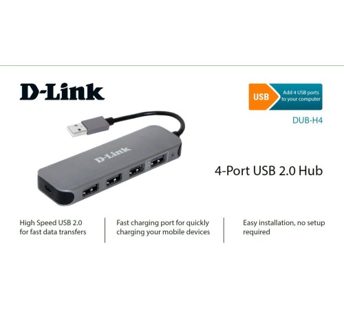 Разветвитель USB 2.0 D-Link DUB-H4 4порт. черный (DUB-H4/E1A)