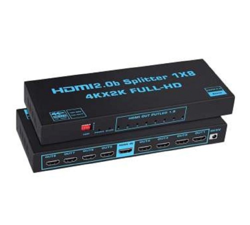 ORIENT HSP0108HL-2.0, HDMI разветвитель 1->8, UHD 4K/60Гц (3840x2160),  HDR10, HDMI 2.0b, 18 Гбит/с, HDCP 2.2, EDID управление, внешний БП 5В/3А, метал.корпус (33254)