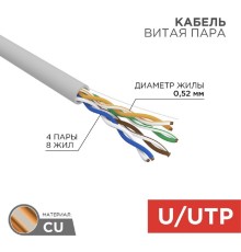 Rexant (02-0022) Кабель витая пара F/UTP, CAT 5e, ZH нг(А)-HF, 2х2х0,52 мм, 24AWG, INDOOR, SOLID, серый, 305 м PRO