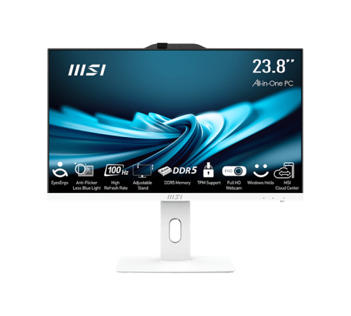 Моноблок MSI Pro AP242P 14M AiO 23,8" FHD(1920x1080)IPS AG Non-touch, Core i5-14400 (2.5GHz), 16Gb DDR5 (2x8Gb), 512GB SSD, Intel UHD,WiFi,BT,camera,WirelessKB&mouse Eng/Rus,noOS,1y w-ty,White (9S6-AE0622-826)