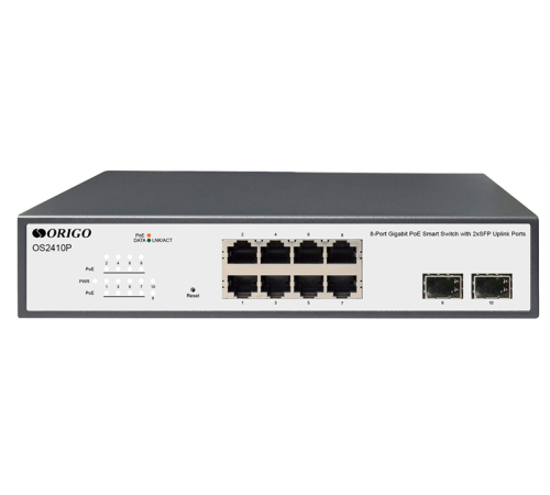Коммутатор ORIGO Настраиваемый L2 PoE-коммутатор 8x1000Base-T PoE, 2x1000Base-X SFP, PoE-бюджет 120 Вт, комплект для установки в 19" стойку (OS2410P/120W/A1A) Коммутатор ORIGO Настраиваемый L2 PoE-коммутатор 8x1000Base-T PoE, 2x1000Base-X SFP, PoE-бюджет 120 Вт, комплект для установки в 19" стойку (OS2410P/120W/A1A)