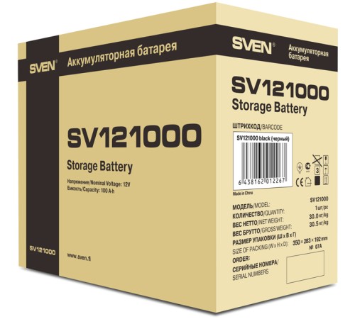 Батарея SVEN SV 121000 (12V 100Ah), напряжение 12В, емкость 100А*ч, макс. ток разряда 1000А, макс. ток заряда 30А, свинцово-кислотная типа AGM, тип клемм B5, Д/Ш/В 307/168/211мм, 30кг Sven SV-012267