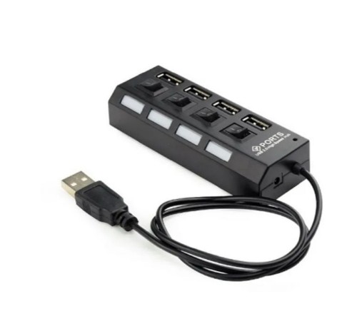 Разветвитель USB2.0 Gembird 4xUSB, блок питания 2А, подсветка и выкл, кабель USB 55см, черный (UHB-U2P4-02A)