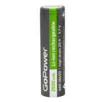 Аккумулятор Li-ion GoPower IMR18650 PC1 20A 3.7V 2500mAh без защиты выс.ток плос.конт. (1/100/400) Аккумулятор Li-ion GoPower IMR18650 без защиты высокий ток с плоскими контактами (00-00018356)