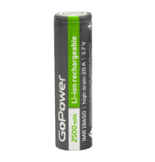 Аккумулятор Li-ion GoPower IMR18650 PC1 20A 3.7V 2500mAh без защиты выс.ток плос.конт. (1/100/400) Аккумулятор Li-ion GoPower IMR18650 без защиты высокий ток с плоскими контактами (00-00018356)