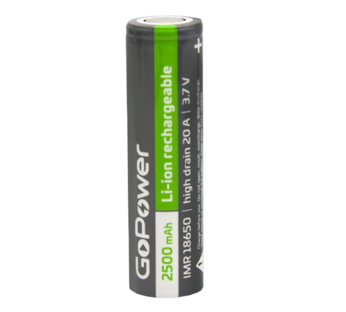 Аккумулятор Li-ion GoPower IMR18650 PC1 20A 3.7V 2500mAh без защиты выс.ток плос.конт. (1/100/400) Аккумулятор Li-ion GoPower IMR18650 без защиты высокий ток с плоскими контактами (00-00018356)