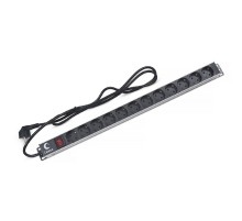 Cabeus PDU-12P-2EU Блок евророзеток для 19" шкафов, 12 розеток, 16 A, выключатель, шнур 2м, алюминиевый корпус, немецкий стандарт
