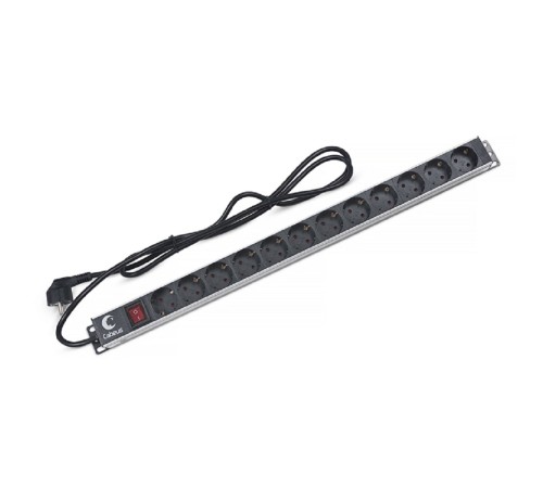 Cabeus PDU-12P-2EU Блок евророзеток для 19" шкафов, 12 розеток, 16 A, выключатель, шнур 2м, алюминиевый корпус, немецкий стандарт