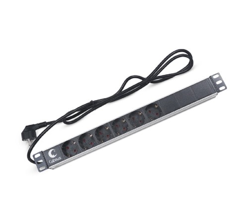 Cabeus PDU-6P-2EU Блок евророзеток для 19" шкафов, горизонтальный, 6 розеток, 16 A, без выключателя, шнур 2м, алюминиевый корпус, немецкий стандарт