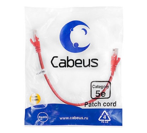 CABEUS PC-UTP-RJ45-CAT.5E-0.3M-RD U/UTP, КАТЕГОРИЯ 5Е, 2XRJ45/8P8C, НЕЭКРАНИРОВАННЫЙ, КРАСНЫЙ, PVC, 0.3М