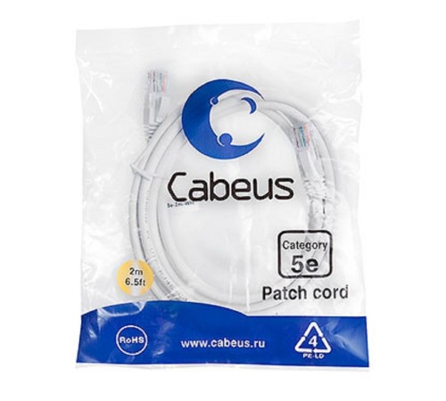 Cabeus PC-UTP-RJ45-Cat.5e-2m-WH Патч-корд U/UTP, категория 5е, 2xRJ45/8p8c, неэкранированный, белый, PVC, 2м