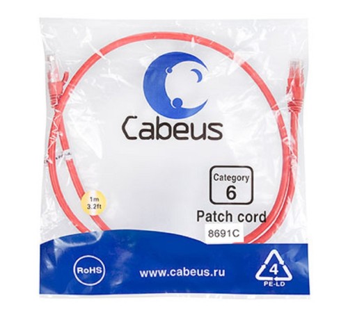 Cabeus PC-UTP-RJ45-Cat.6-1m-RD Патч-корд U/UTP, категория 6, 2xRJ45/8p8c, неэкранированный, красный, PVC, 1м