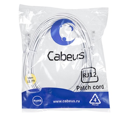 Cabeus PC-TEL-RJ12-10m Патч-корд телефонный 2х6р4с, белый, PVC, 10 м Cabeus PC-TEL-RJ12-10m Патч-корд телефонный 2х6р4с, белый, PVC, 10 м