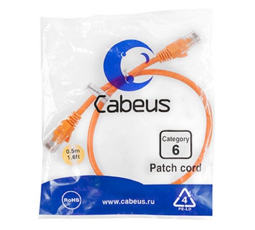 Cabeus PC-UTP-RJ45-Cat.6-0.5m-OR Патч-корд U/UTP, категория 6, 2xRJ45/8p8c, неэкранированный, оранжевый, PVC, 0.5м