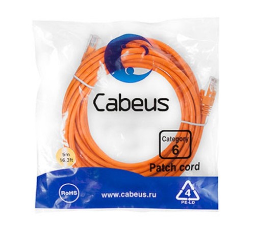 Cabeus PC-UTP-RJ45-Cat.6-5m-OR Патч-корд U/UTP, категория 6, 2xRJ45/8p8c, неэкранированный, оранжевый, PVC, 5м