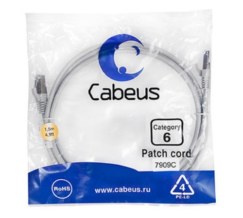 Cabeus PC-FTP-RJ45-Cat.6-1.5m-LSZH Патч-корд F/UTP, категория 6, 2xRJ45/8p8c, экранированный, серый, LSZH, 1.5м