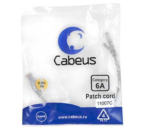 Cabeus PC-SSTP-RJ45-Cat.6a-0.3m-LSZH Патч-корд S/FTP, категория 6а (10G), 2xRJ45/8p8c, экранированный, серый, LSZH, 0.3м Cabeus PC-SSTP-RJ45-Cat.6a-0.3m-LSZH Патч-корд S/FTP, категория 6а (10G), 2xRJ45/8p8c, экранированный, серый, LSZH, 0.3м