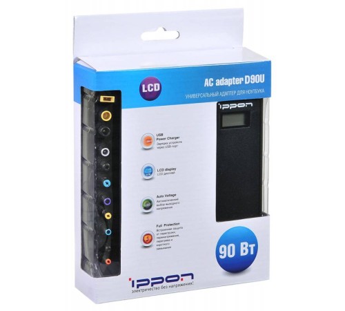 Блок питания Ippon D90U автоматический 90W 15V-19.5V 11-connectors 4.5A 1xUSB 2.1A от бытовой электросети LСD индикатор