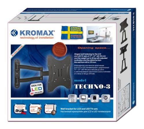 Кронштейн для телевизора Kromax TECHNO-3 серый 15"-40" макс.20кг настенный поворотно-выдвижной и наклонный Кронштейн для телевизора Kromax TECHNO-3 серый 15"-40" макс.20кг настенный поворотно-выдвижной и наклонный