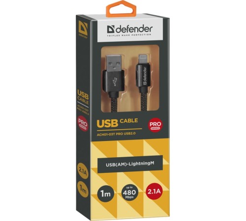 Кабель LIGHTNING TO USB2 1M BLACK ACH01-03T 87808 DEFENDER