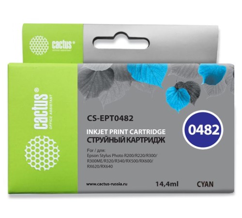 Картридж струйный Cactus CS-EPT0482 голубой (14.4мл) для Epson Stylus Photo R200/R220/R300/R320/R340/RX500/RX600/RX620/RX640