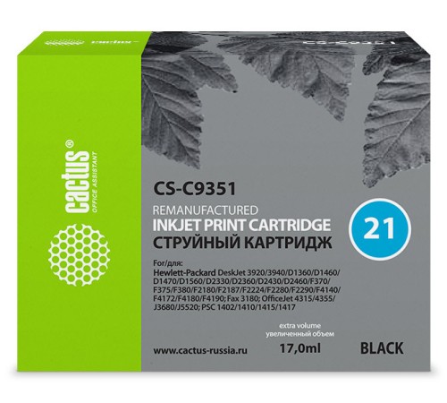 Картридж струйный Cactus CS-C9351 №21 черный (17мл) для HP DJ 3920/3940/D1360/D1460/D1470/D1560/D2330/D2360/D2430/D2460/F370/F375/F380/F2180/F2187/F2224/F2280/F2290/F4140/F4172/F4180/F4190