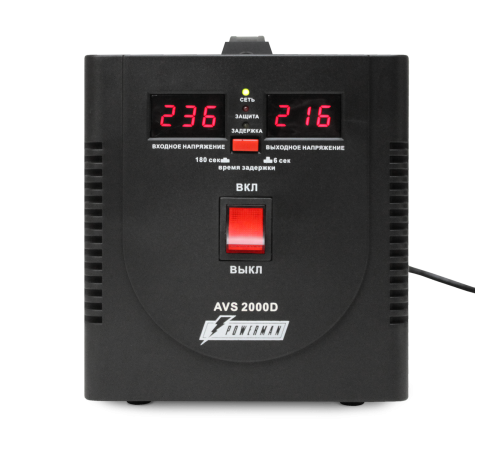 Стабилизатор POWERMAN AVS 2000D, черный, ступенчатый регулятор, цифровые индикаторы уровней напряжения, 2000ВА, 140-260В, максимальный входной ток 12А, 2 евророзетки, IP-20, напольный, 200мм х 160мм х 190мм, 4.9 кг. POWERMAN AVS 2000D (POWERMAN AVS 2000D Стабилизатор POWERMAN AVS 2000D, черный, ступенчатый регулятор, цифровые индикаторы уровней напряжения, 2000ВА, 140-260В, максимальный входной ток 12А, 2 евророзетки, IP-20, напольный, 200мм х 160мм х 190мм, 4.9 кг. POWERMAN AVS 2000D (POWERMAN AVS 2000D