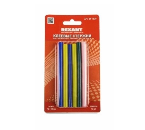 REXANT (09-1020) Клеевые стержни d=7,4 мм, L=100 мм, цветные (упак. 12 шт.) (блистер) REXANT (09-1020) Клеевые стержни d=7,4 мм, L=100 мм, цветные (упак. 12 шт.) (блистер)
