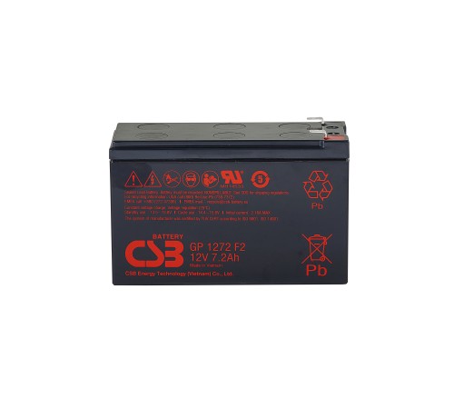 Батарея CSB серия GP, GP1272, напряжение 12В, емкость 7.2Ач (разряд 20 часов), макс. ток разряда (5 сек.) 100А, ток короткого замыкания 304А, макс. ток заряда 2.8A, свинцово-кислотная типа AGM, клеммы F1, ДxШxВ 150.9x64.8x98.6мм., вес 2.4кг., срок службы