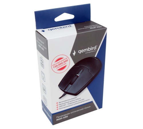 Gembird MOP-430 черный, USB, {проводной, 3кл+колесо-кнопка, 1000/1600 DPI, 1,8 м}