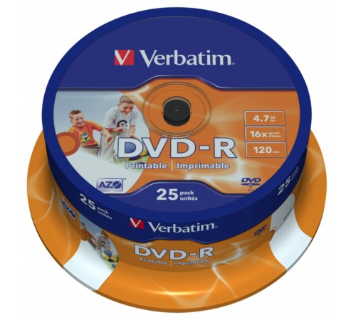Диск DVD-R Verbatim 4.7Gb 16x Cake Box (25шт) Printable (43538)