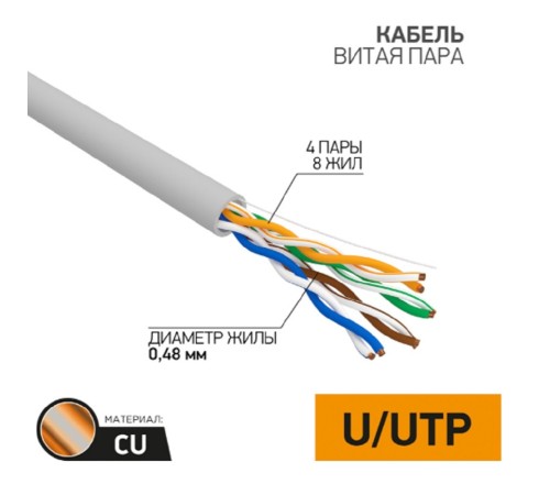 PROconnect (01-0052-50) Кабель U/UTP, CAT 5e, PVC, 4x2x0,48мм, внутренний, серый, 50м