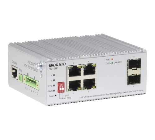 ORIGO OI3106P/60W/A1A Промышленный управляемый L2 PoE-коммутатор 4x1000Base-T PoE+, 2x1000Base-X SFP, PoE-бюджет 60 Вт