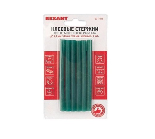 REXANT (09-1018) Клеевые стержни d=7,4 мм, L=100 мм, зеленые (упак. 6 шт.) REXANT (09-1018) Клеевые стержни d=7,4 мм, L=100 мм, зеленые (упак. 6 шт.)