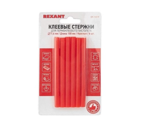 REXANT (09-1019) Клеевые стержни d=7,4 мм, L=100 мм, красные (упак. 6 шт.) REXANT (09-1019) Клеевые стержни d=7,4 мм, L=100 мм, красные (упак. 6 шт.)